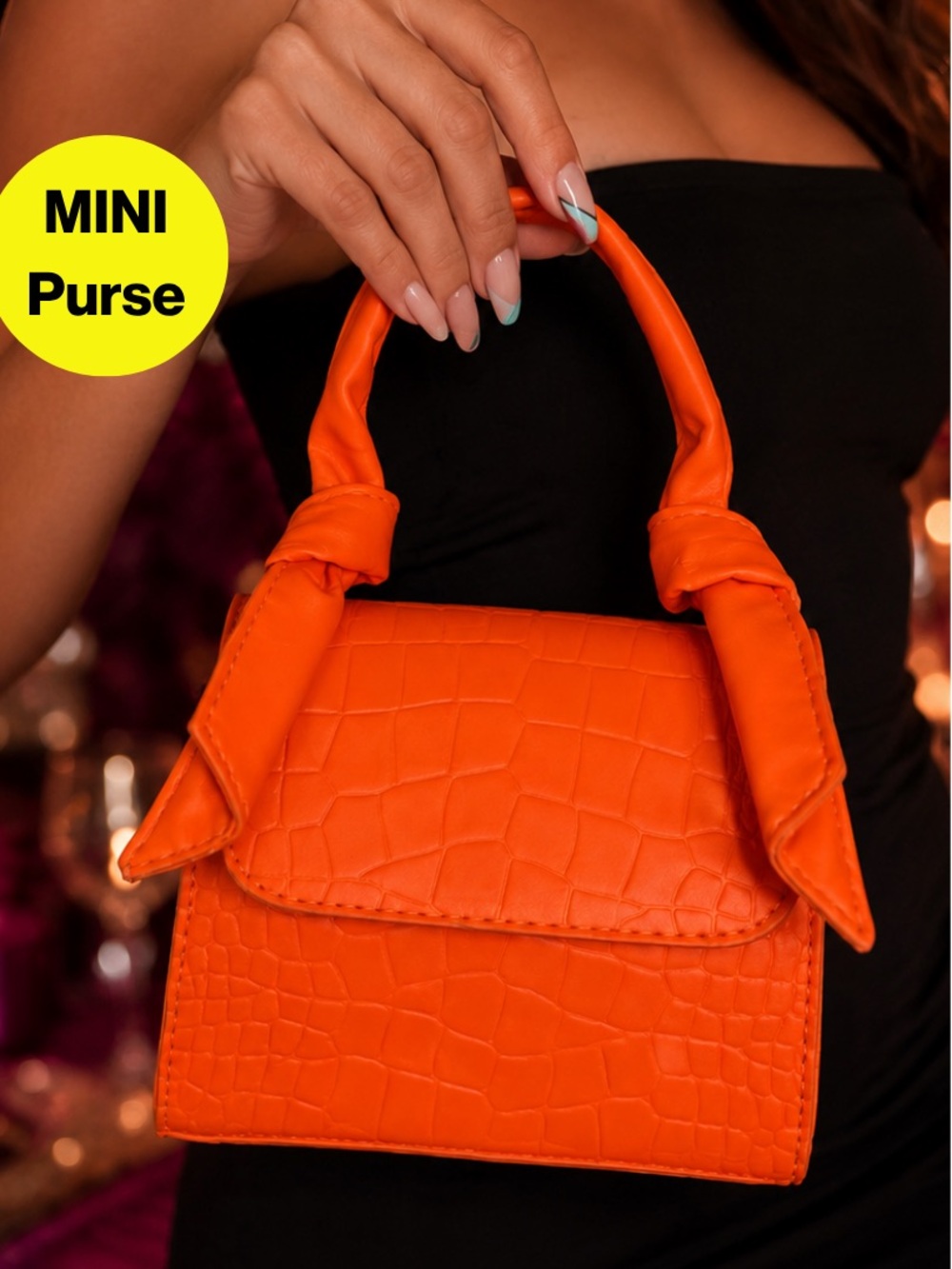 3/for $15 🍒 Croc-Embossed Mini Top-Handle Hand Bag in Neon Orange - 5x7”